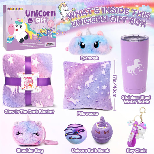 Taco bear unicorn gifts for girls aged 5-11 years old. Includes unicorn blanket, glow-in-the-dark pillowcase, stainless steel thermos, bath bombs, shoulder bag, eye mask. Perfect birthday gift for girls.