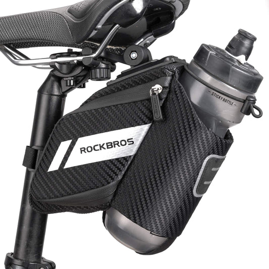 ROCKBROS bike saddle bag with bottle holder, reflective, suitable for MTB, road bike, folding bike. Black, approx. 1L capacity.