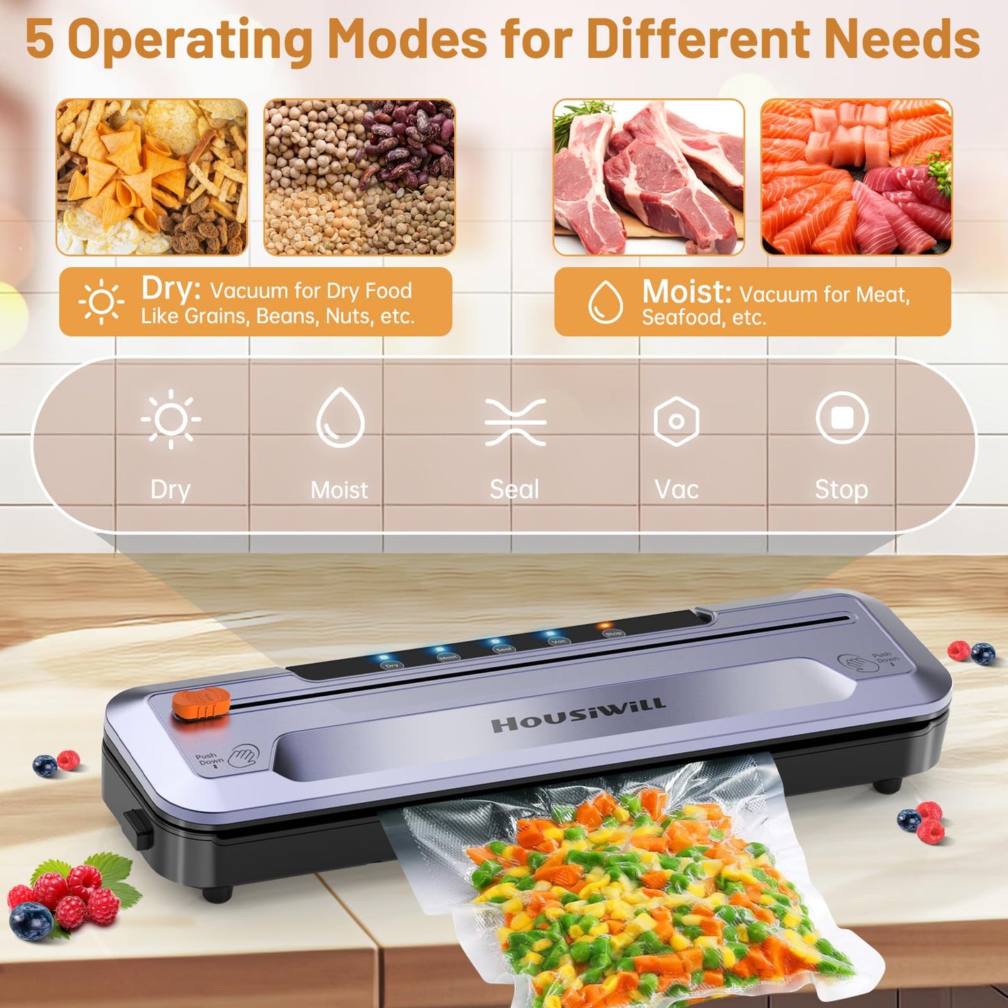 Housiwill Vacuum Sealer, 5-in-1 vacuum sealer with built-in cutter, food sealing machine for dry/moist food preservation mode, comes with 15 vacuum bags and 1 hose.