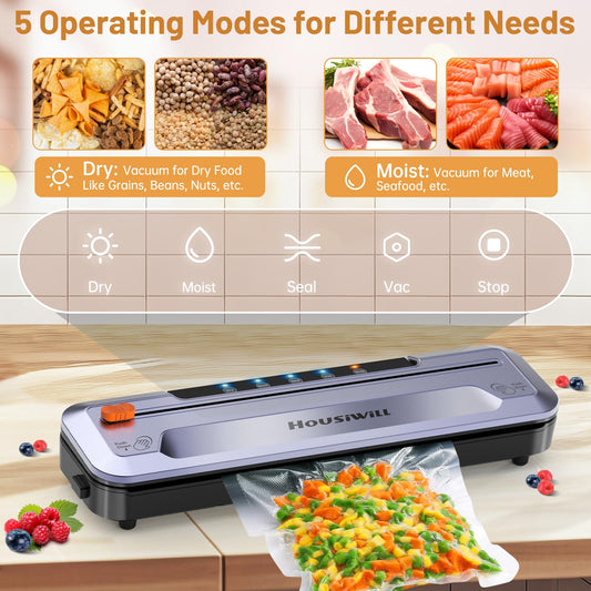 Housiwill Vacuum Sealer, 5-in-1 vacuum sealer with built-in cutter, food sealing machine for dry/moist food preservation mode, comes with 15 vacuum bags and 1 hose.
