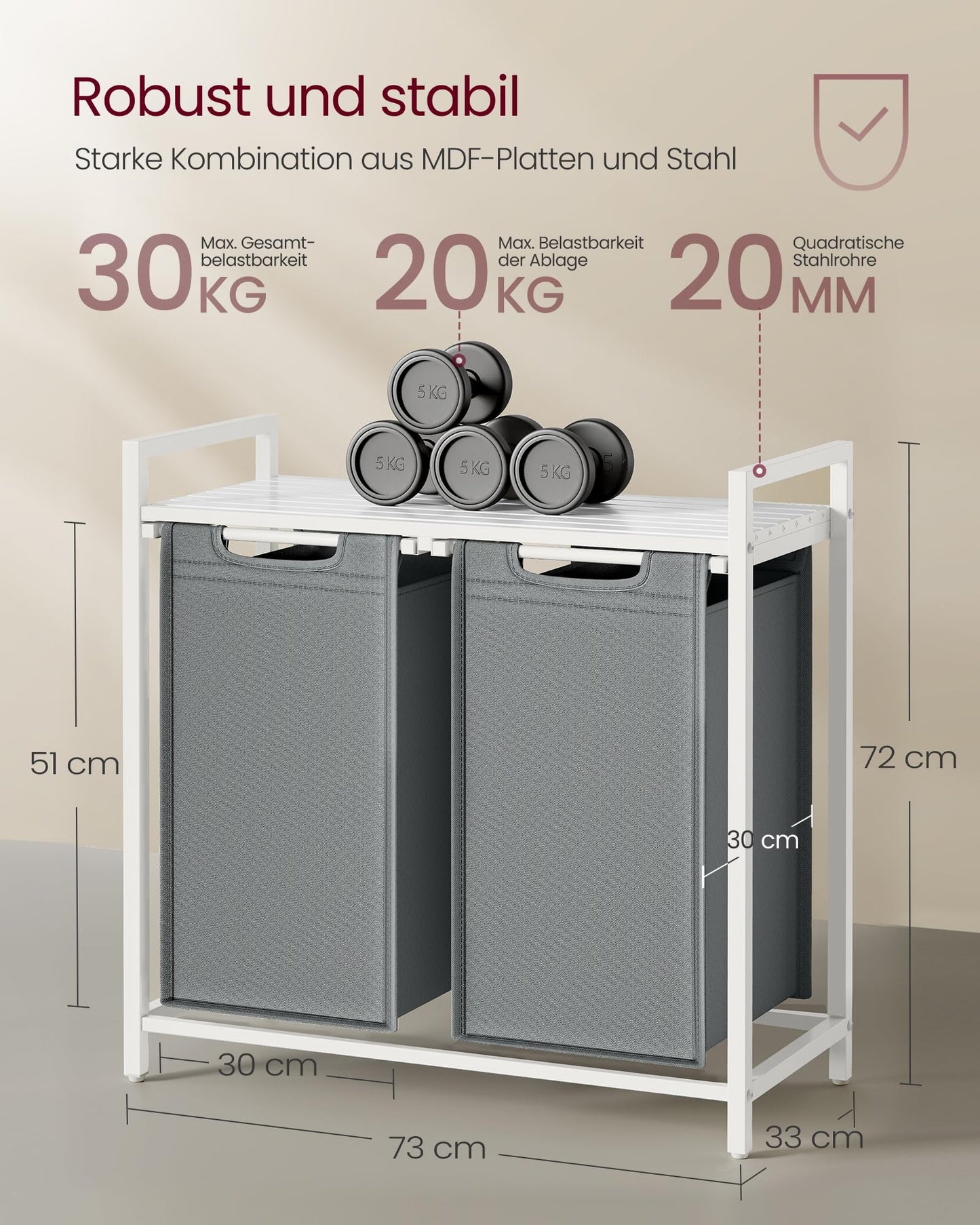 VASAGLE laundry basket with 2 compartments, laundry collector with shelf, laundry box, laundry bag made of Oxford fabric removable, metal frame, 2 x 46 L, 73 x 33 x 72 cm, slate grey-matte white BLH201W11