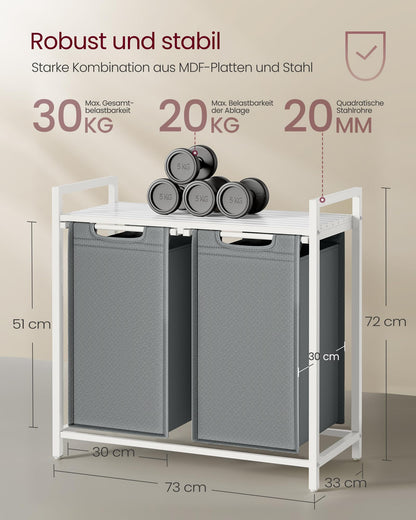 VASAGLE laundry basket with 2 compartments, laundry collector with shelf, laundry box, laundry bag made of Oxford fabric removable, metal frame, 2 x 46 L, 73 x 33 x 72 cm, slate grey-matte white BLH201W11