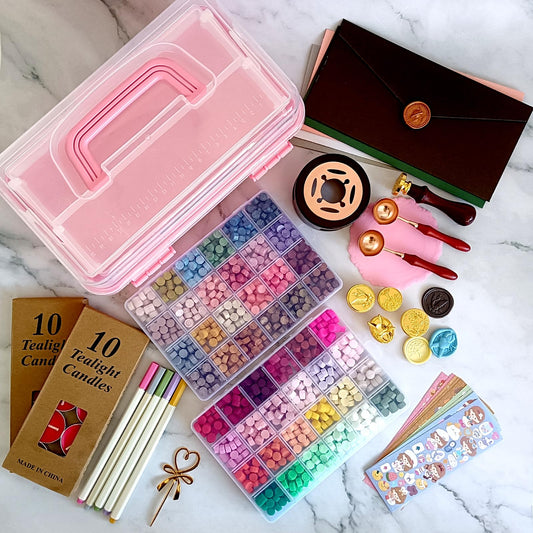 Improved wax seal set, wax seal stamp set with gift box, 48 colors 1200 pieces seal wax beads, 4 pieces wax seal stamps, seal wax warmer, envelopes, candles, metal pen.