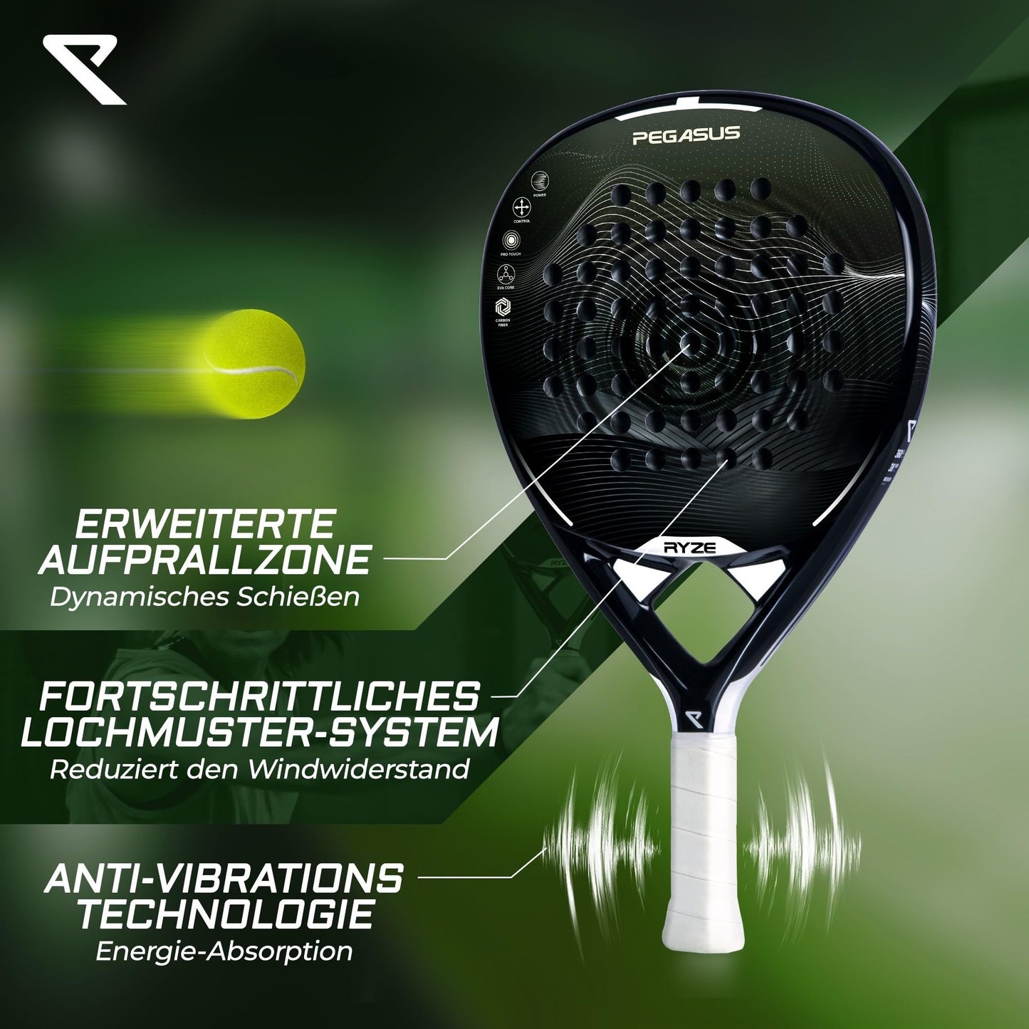RYZE Pegasus - Padel racket made of 100% carbon fiber - Maximum power & control - Lightweight & durable 360g - Unisex padel racket for men & women - Padel racket set includes free cover