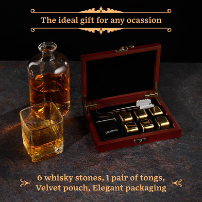 GOURMEO 6 Whiskey Stones Stainless Steel in Gold incl. Wooden Gift Box - Reusable Whisky Stones in the set as an alternative to traditional ice cubes.