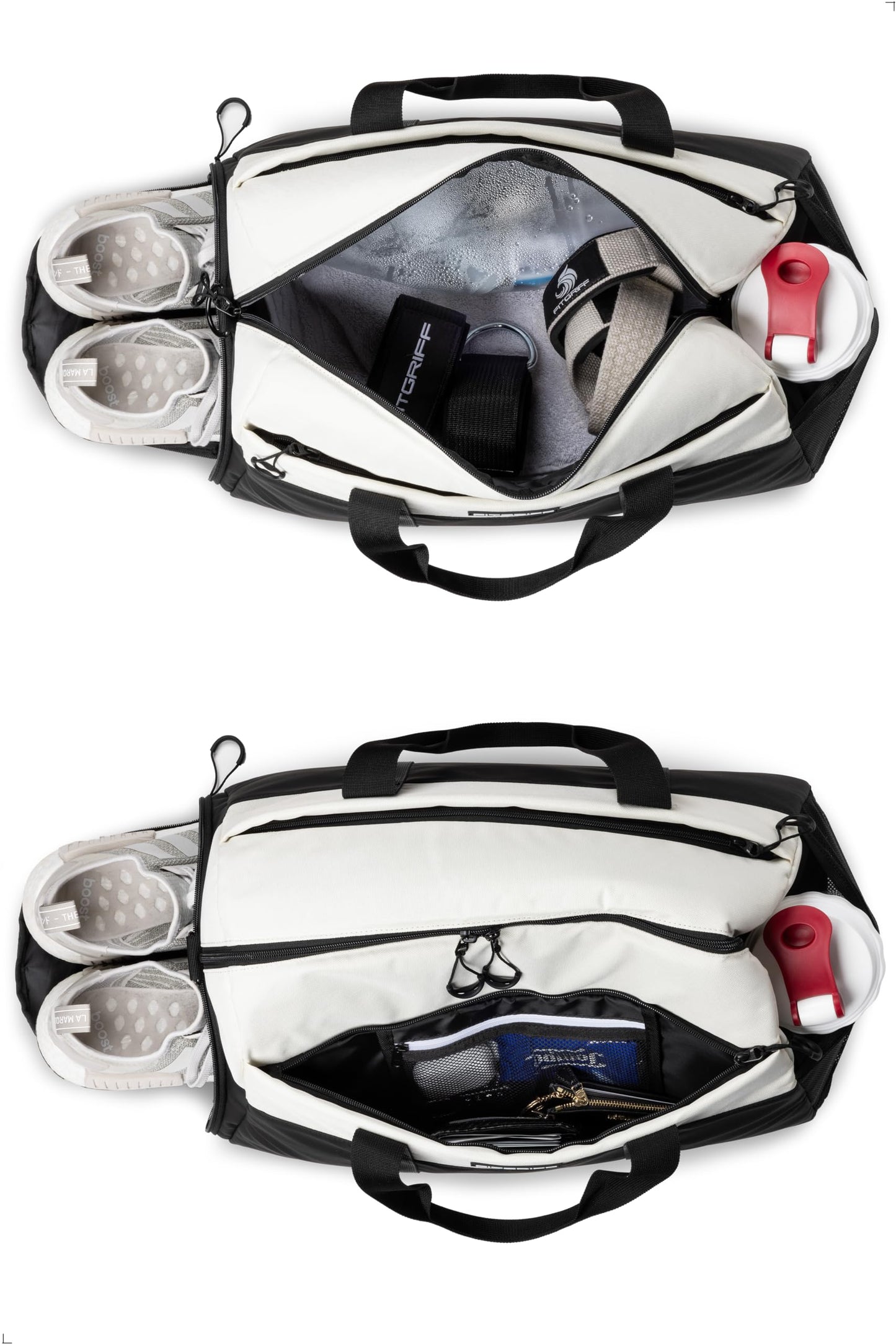 Fitgriff® sports bag & travel bag V2 for women and men - with shoe compartment & wet compartment - bag for sports, fitness, travel - training bag, gym bag, (Black/Cream White, Small)