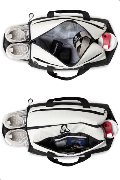 Fitgriff® sports bag & travel bag V2 for women and men - with shoe compartment & wet compartment - bag for sports, fitness, travel - training bag, gym bag, (Black/Cream White, Small)