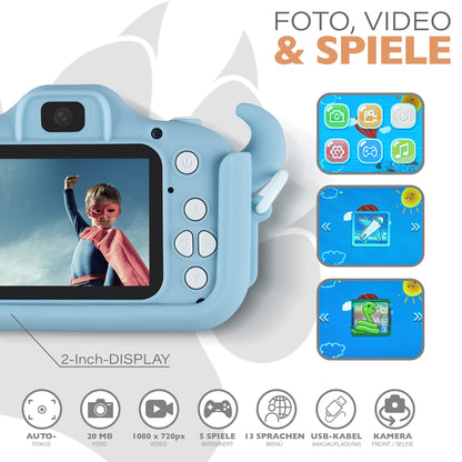 Lion Toys Kids Camera Blue | Photo camera with 32GB memory card, silicone protective case & fun effects | 18 megapixels | rechargeable | Easy operation for ages 3-12.