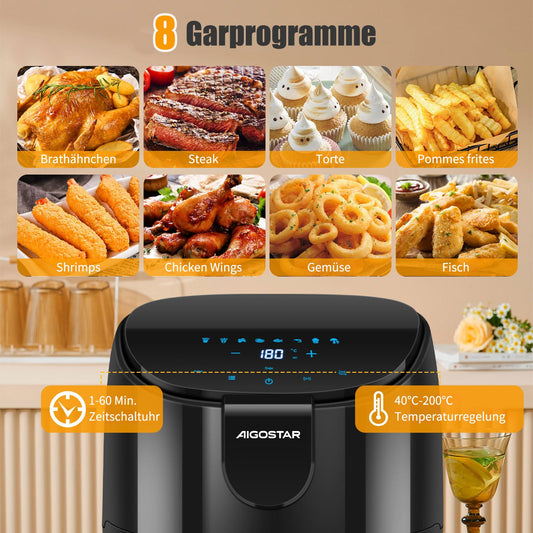 Aigostar Air Fryer 4L, large capacity hot air fryer, oil-free, 8 menu options, LED touchscreen, 1500W, BPA-free.