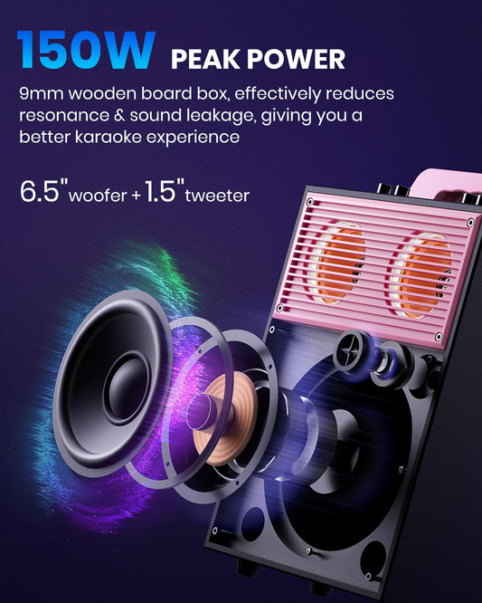 Moukey Karaoke Machine for adults and kids, portable PA system, Bluetooth party speaker with 2 wireless microphones and disco light, TWS/AUX/USB/TF/FM, Echo/Treble/Bass adjustment - MPS4 Pink