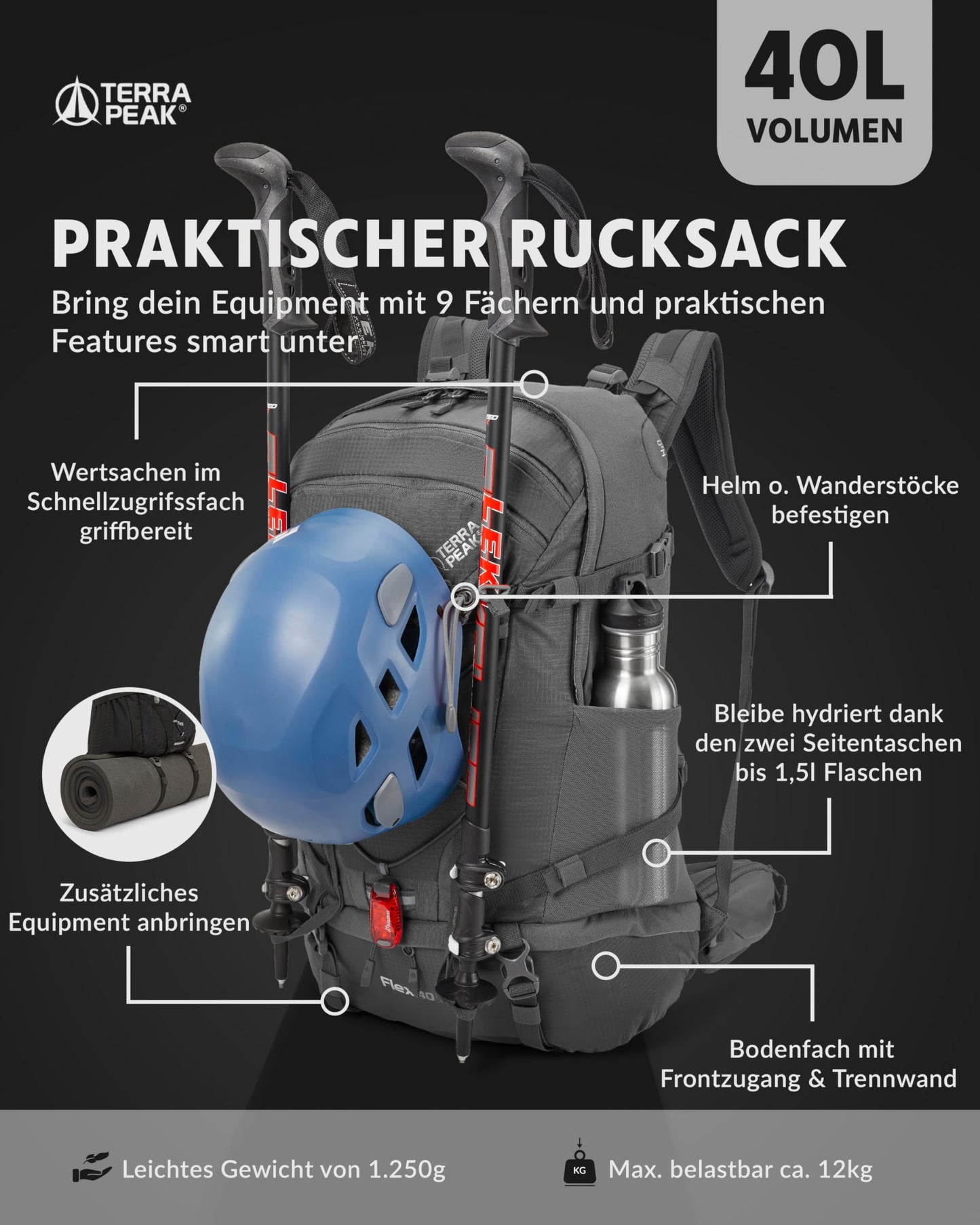 Terra Peak hiking backpack 40 liters for women and men Flex 40 gray - daypack backpack waterproof - backpack for hiking & camping - with integrated hydration system holder and laptop compartment - unisex daypack