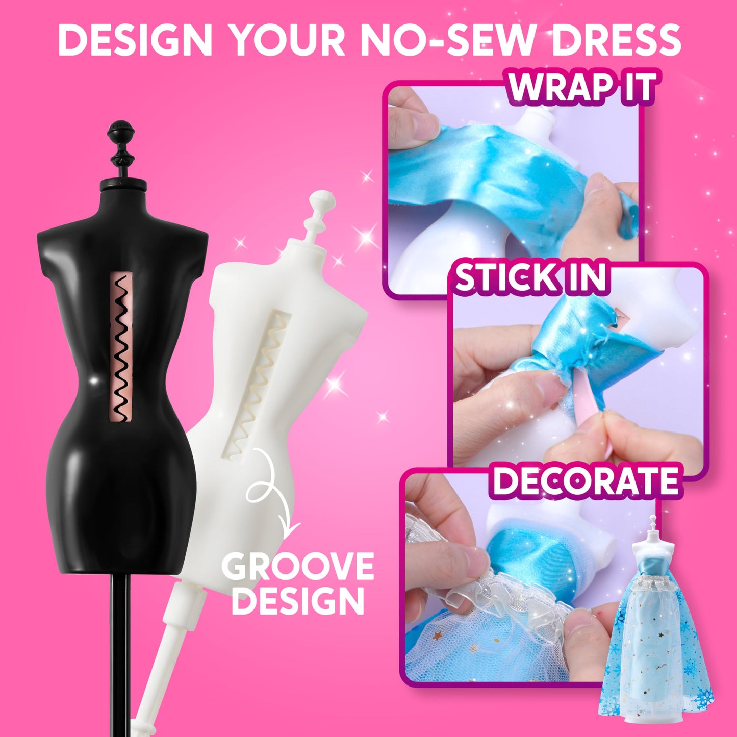 Clever Kits 400+ pieces Fashion Design for Girls, DIY Fashion Design Sewing Kit Set with 3 Mannequins, Gifts for Girls 8 9 10 11 12+ years, Creative Craft Kit for Kids 8+ years.