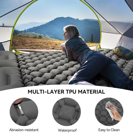 YITAHOME self-inflating sleeping pad for 2 people, 195x120, ultralight camping air mattress with built-in pump and pillow. Comes with carrying bag and foot pump for travel. (Dark Grey)