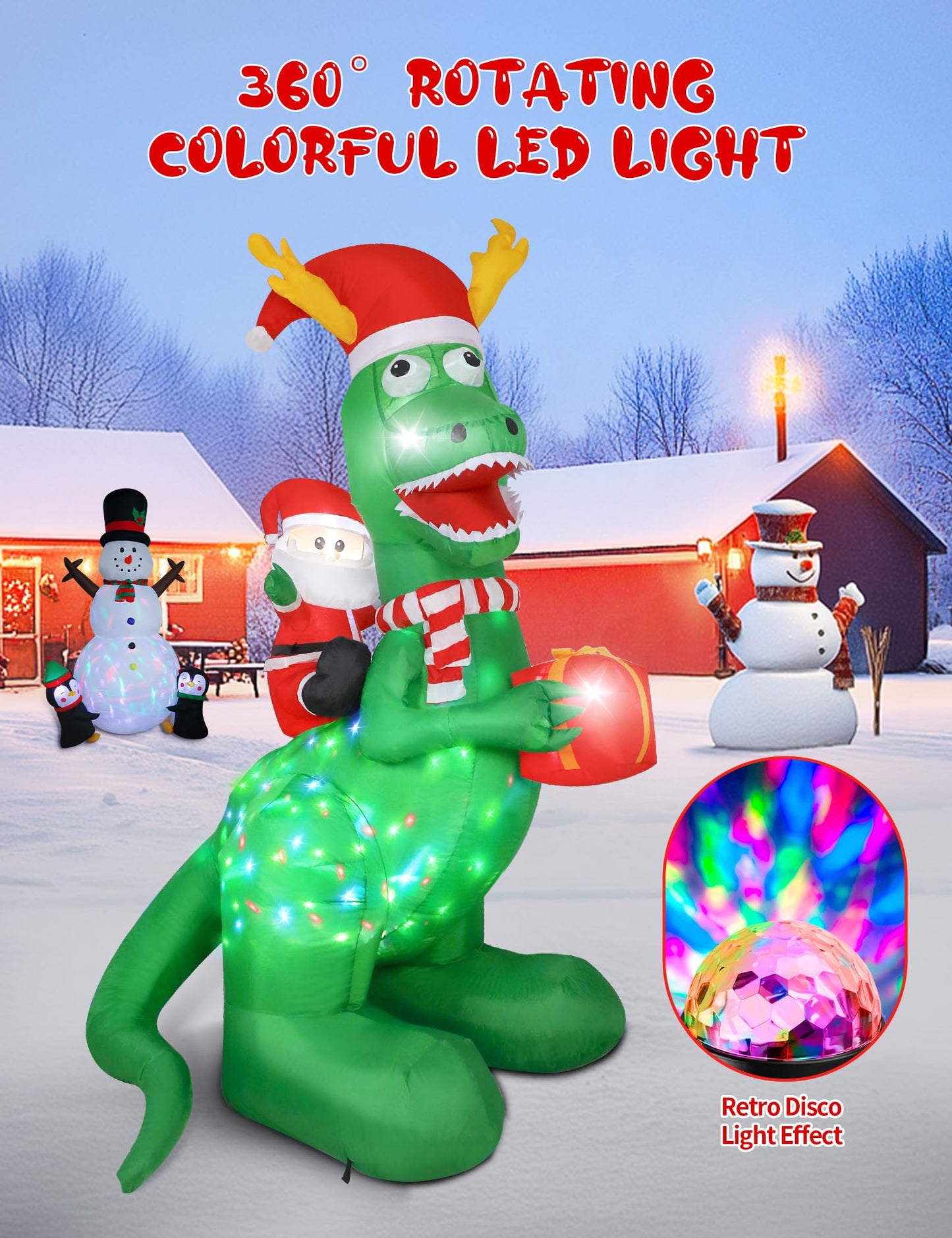 Vintoney 8ft/244cm Christmas Inflatable Dinosaur and Santa Claus Inflatable with Rotating LED Lights Yard Decoration Snowball Inflatables Indoor Outdoor Christmas Decorations