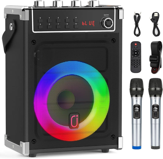 JYX Karaoke machine with 2 UHF wireless microphones, Bluetooth speaker with bass/treble control and LED lights, PA system support TWS, AUX in, FM, recording, perfect for parties/adults/kids.