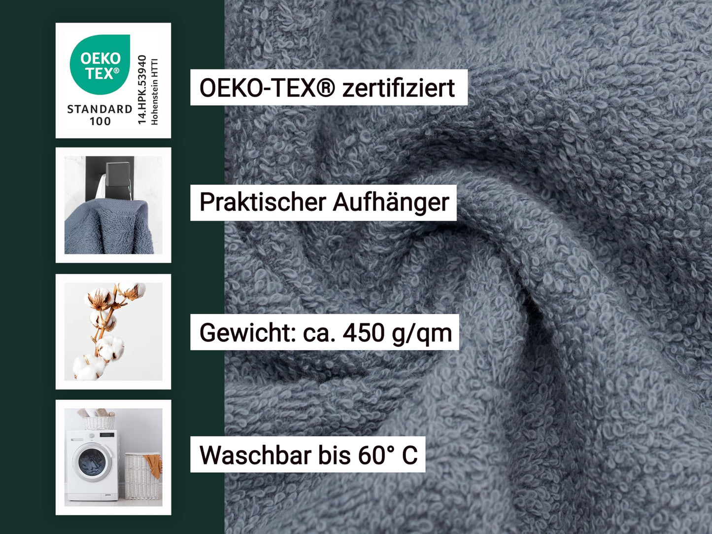 ZOLLNER 10-piece set of towels in 50x100 cm - Fluffy cotton bath towels - with modern striped border - washable up to 60°C - with practical loop for hanging - in grey - hotel quality