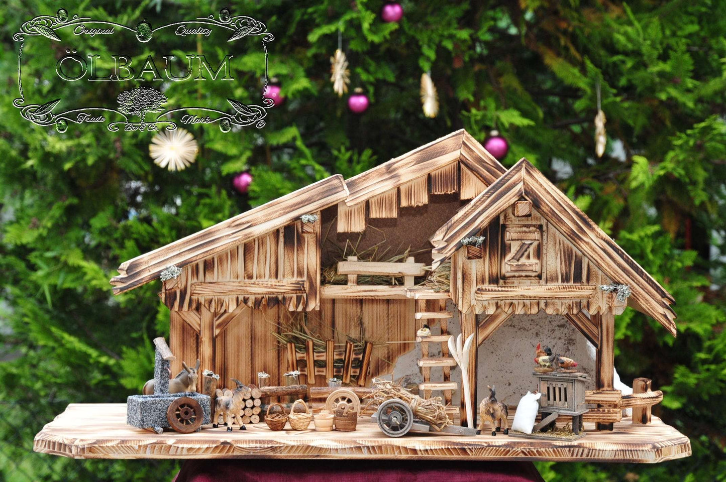 PREMIUM Christmas nativity scene, olive tree, FLAMED with GRANITE FOUNTAIN "Water Grand" + PREMIUM DECORATION SET "Nativity Stable", solid wood elegantly FLAMED - with 12 x PREMIUM Nativity figures + Angel with golden wings.