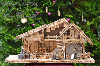 PREMIUM Christmas nativity scene, olive tree, FLAMED with GRANITE FOUNTAIN "Water Grand" + PREMIUM DECORATION SET "Nativity Stable", solid wood elegantly FLAMED - with 12 x PREMIUM Nativity figures + Angel with golden wings.