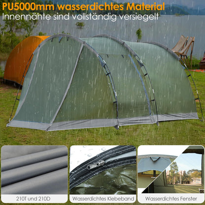 Camping tent for 4 people, 5000mm waterproof tunnel tent. Family tent, group tent, vestibule, sun shade, tipi tent. Large camping tent with sleeping cabin, glamping tent with removable tent floor.