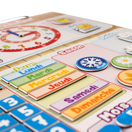 MAGNETIC KIDS CALENDAR CLOCK, Educational game Date Weather and Time for Wall or Fridge, 43x32cm. Ideal box as a gift for children's birthday at school or kindergarten. (French)