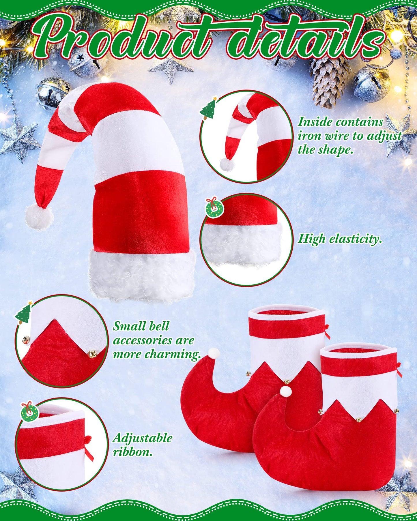 Jadive 6 Piece Christmas Elf Shoes Hat Set for Adults Green White Costume Accessories Set Elf Hat Boots Elf Red Candy Shoes for Prom Costume Christmas Gifts