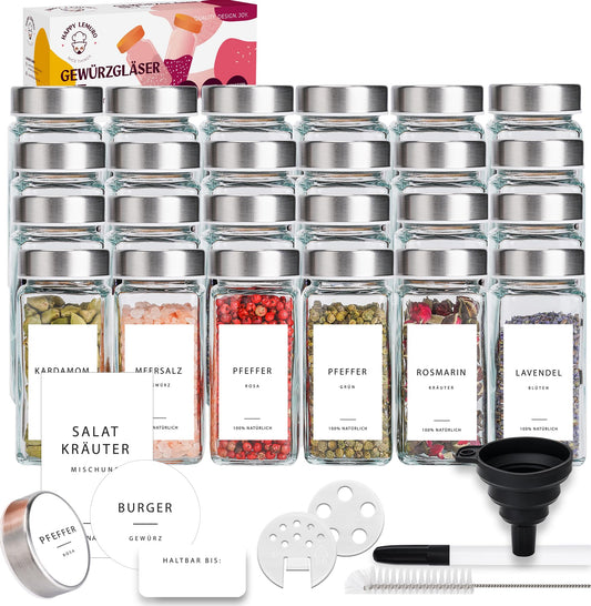 Happy Lemuro 24-Piece Spice Jar Set [120ml] with 301 labels in German | Spice jars with shaker tops, premium stainless steel lids & accessories - spice container set, spice storage, spice organizer