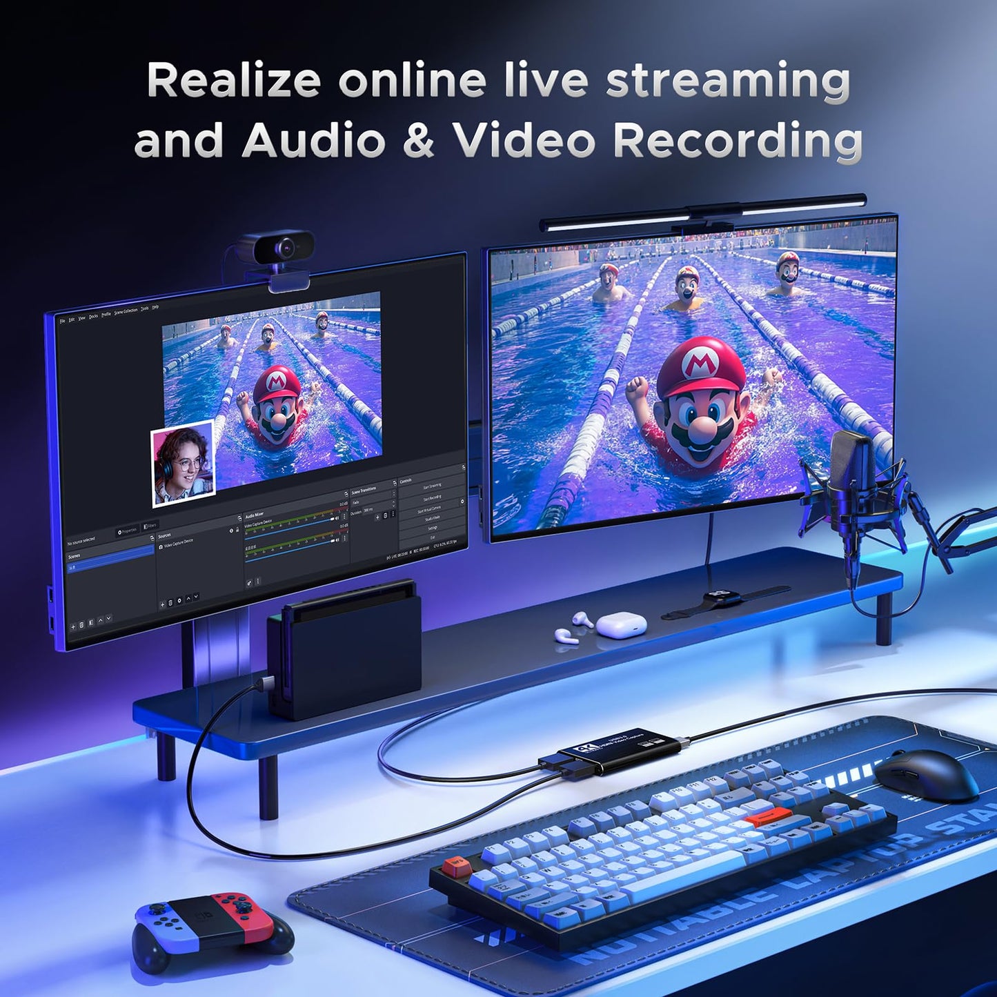 XIIXMASK Video Capture Card, Audio Video Capture Card, USB 3.0 Capture Card with 4K HDMI Loop-Out, 1080P 60FPS/2K 30FPS video game capture for streaming, compatible with PS5/Switch/camera/PC/OBS.