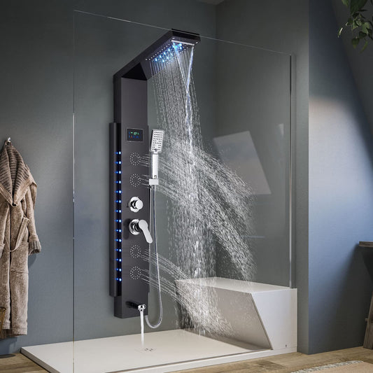 Black LED Multifunction Shower Panel with Stainless Steel Corner Mount Rain Shower Column Bathtub Faucet Shower System Shower Set No Battery Shower Fixture Set Hevenaov