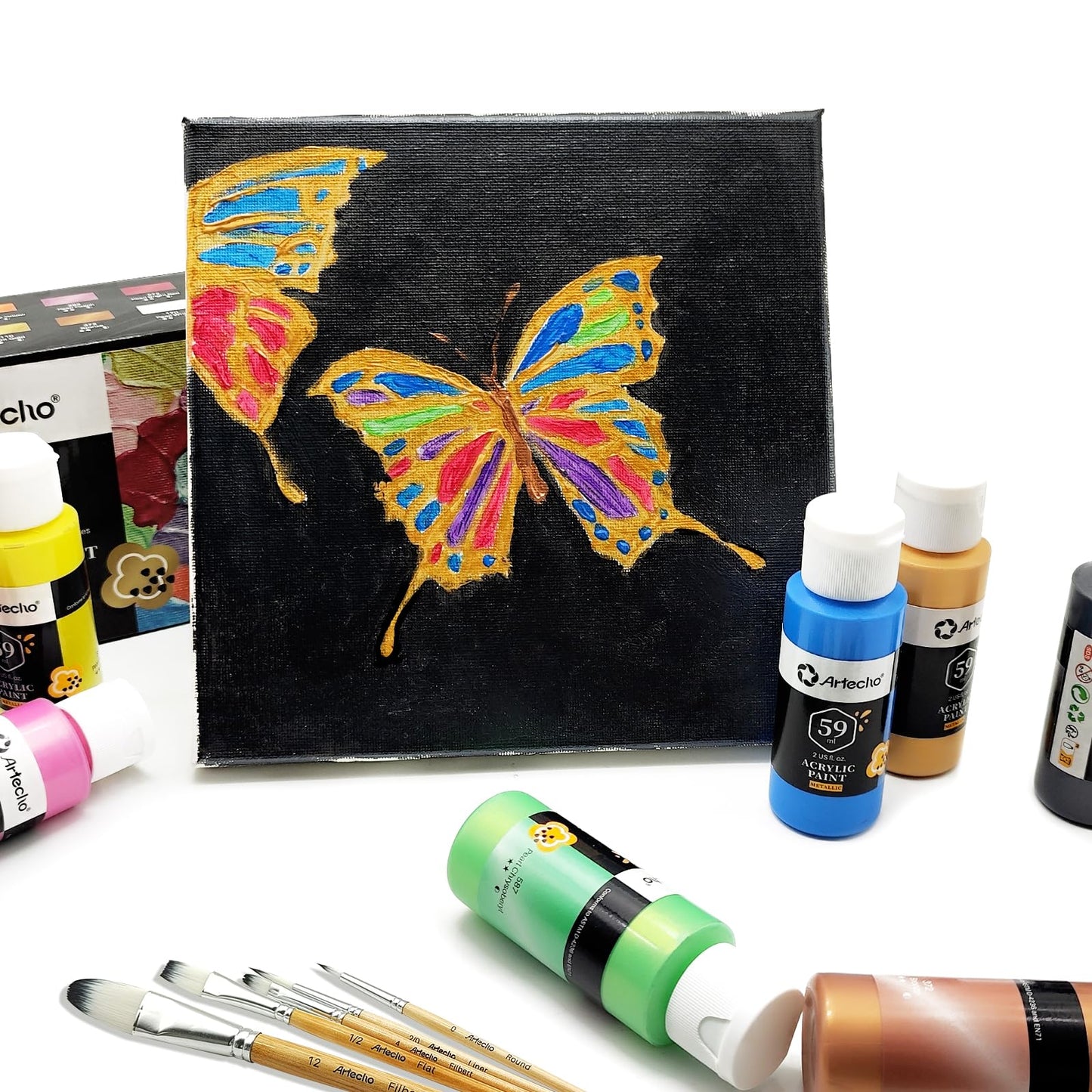 Artecho Metallic Acrylic Paint Set 12x59ml, Non-toxic metallic colors, waterproof and lightfast, fast drying, perfect for canvas, paper, and fabrics.