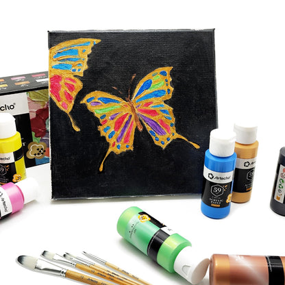Artecho Metallic Acrylic Paint Set 12x59ml, Non-toxic metallic colors, waterproof and lightfast, fast drying, perfect for canvas, paper, and fabrics.