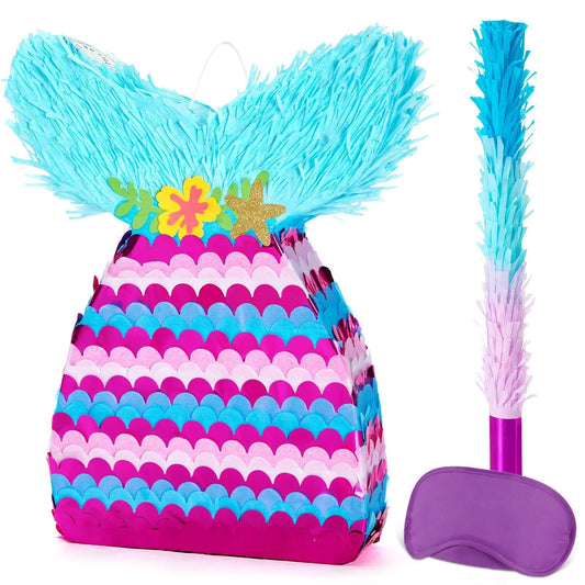 WERNNSAI Mermaid Pinata - Mermaid Birthday Pinata Decoration for Girls Kids Purple Sea Piñata with Blindfold Stick Underwater Birthday Party Decorations Fun Pool Party Games