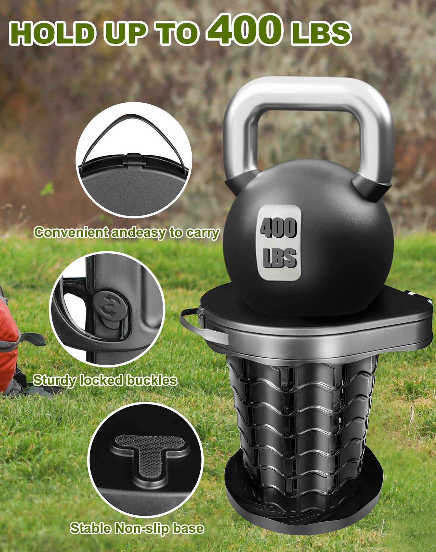Folding camping toilet with toilet bag, portable toilet with lid, 34cm height, stable, max 400 lbs weight capacity, for outdoor camping, grilling, travel, fishing, beach, self-driving.