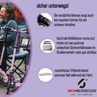 Six Degrees aluminum scooter with folding mechanism and stand, 205mm, adjustable height, GS approved, purple, TEST WINNER