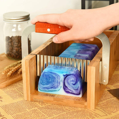 POFET Soap Cutter Set, wooden soap making mold tool, bread cutter, bar cutter with a straight and a wavy stainless steel blade