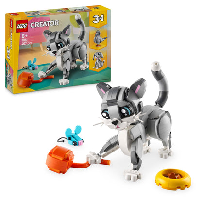 LEGO Creator 3in1 Gray Cat - Animal figure can be rebuilt into a dove or a dog - Toy with minifigures for building - Creative birthday gift for girls and boys aged 8 and up - 31163