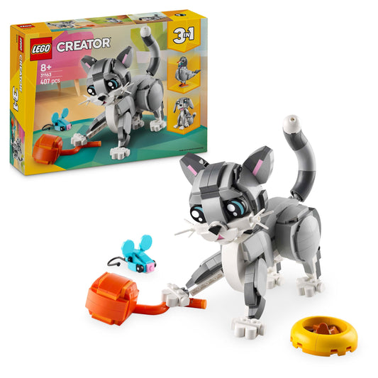 LEGO Creator 3in1 Gray Cat - Animal figure can be rebuilt into a dove or a dog - Toy with minifigures for building - Creative birthday gift for girls and boys aged 8 and up - 31163