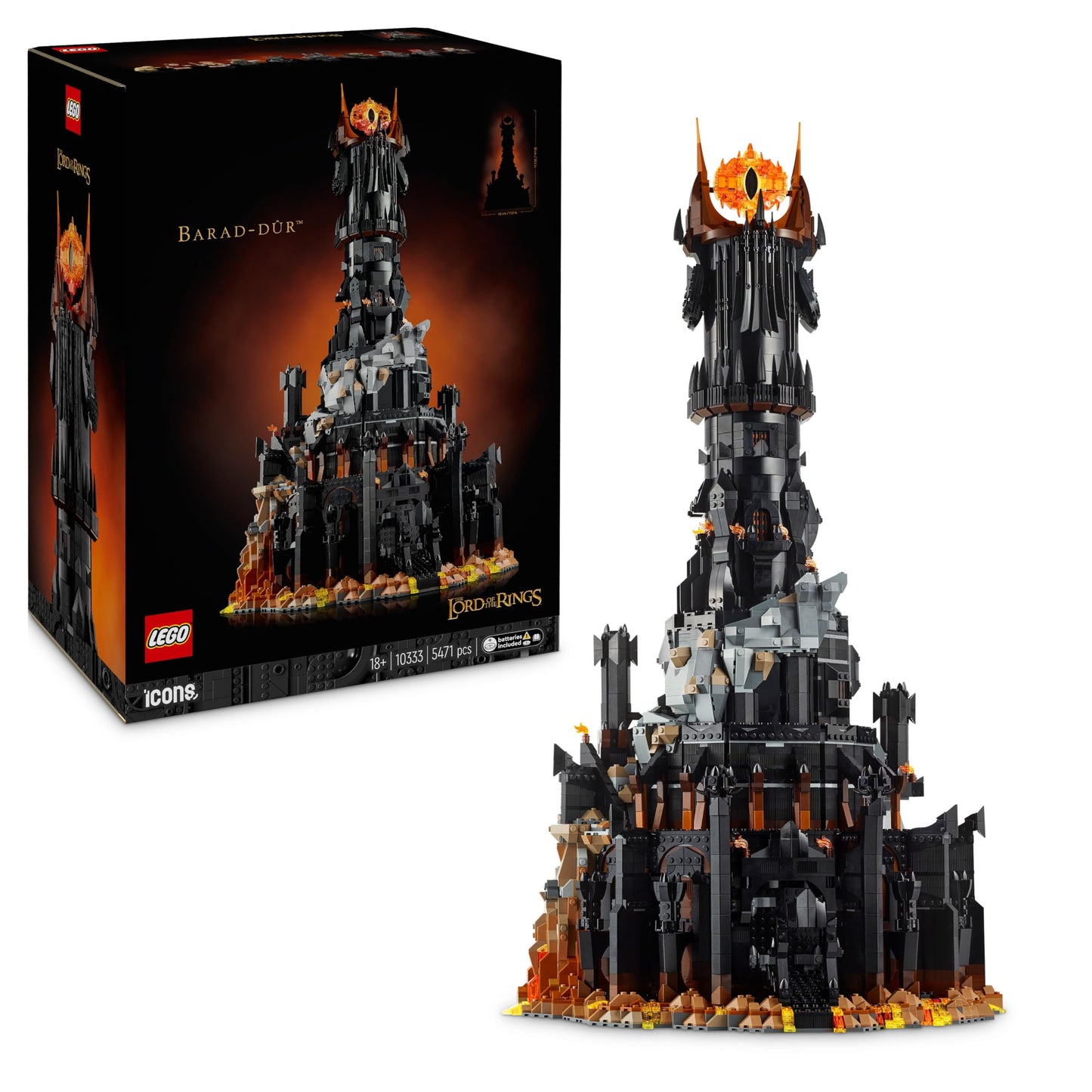 LEGO Icons The Lord of the Rings: Barad-dûr, adult building set featuring minifigures Sauron, Gothmog, Orc, Frodo, Sam, and Gollum. A film collectible and fan favorite. Item 10333.