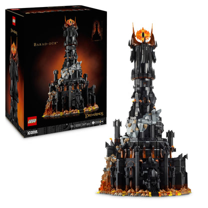 LEGO Icons The Lord of the Rings: Barad-dûr, adult building set featuring minifigures Sauron, Gothmog, Orc, Frodo, Sam, and Gollum. A film collectible and fan favorite. Item 10333.