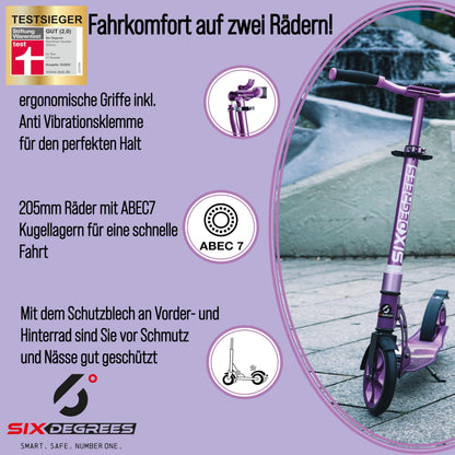 Six Degrees aluminum scooter with folding mechanism and stand, 205mm, adjustable height, GS approved, purple, TEST WINNER