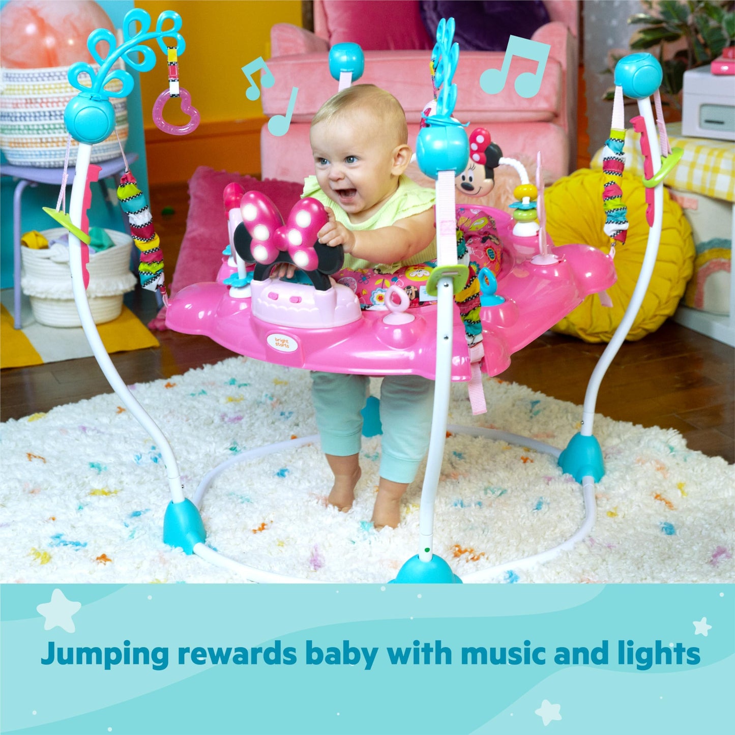 Bright Starts Disney Baby Minnie Mouse Peekaboo Spring and Play Center with light-up and musical play station, 12 activity toys, 360° rotating seat, adjustable height, for children ages 6 months and up.