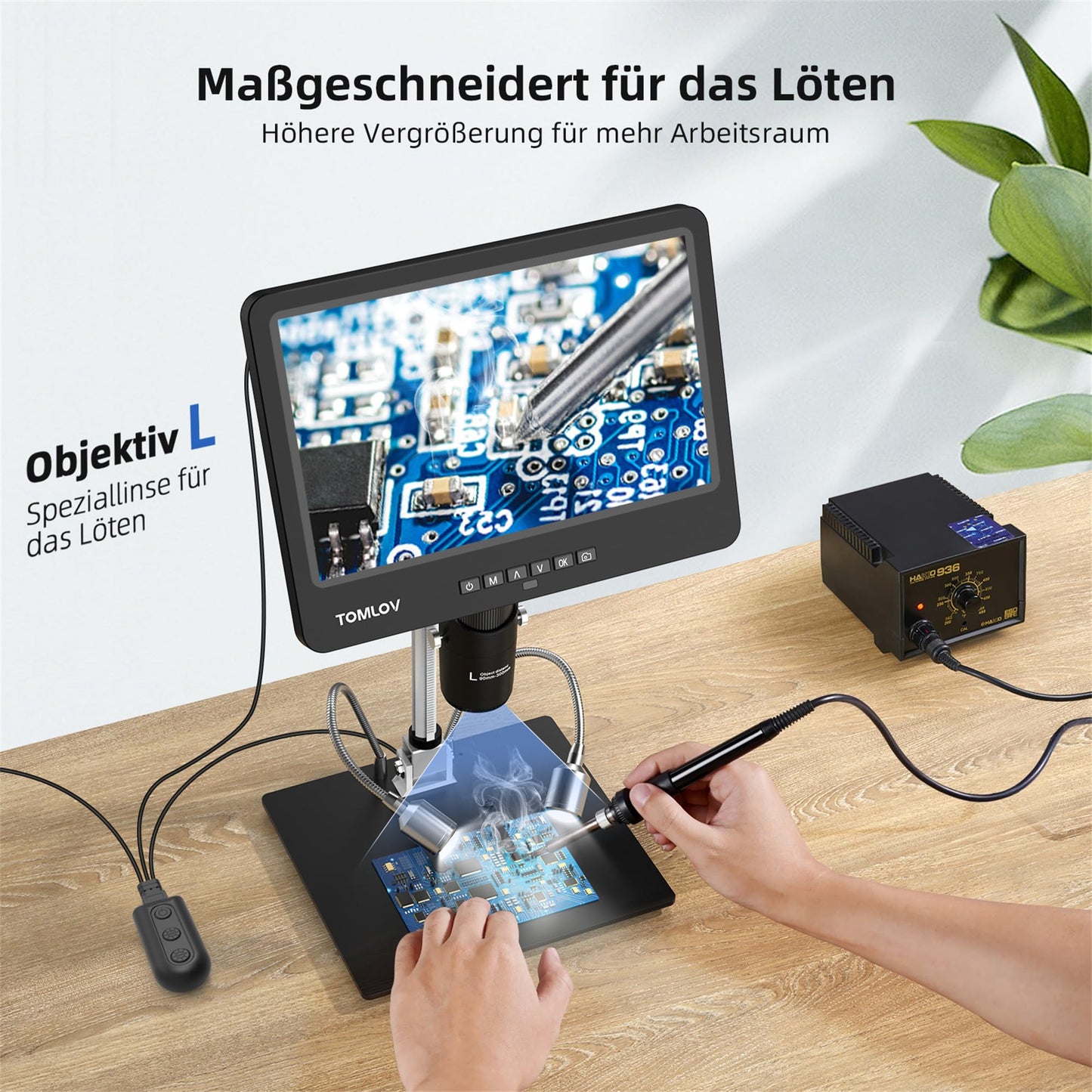 TOMLOV DM601 Triple Lens Digital Microscope, HDMI LCD Microscope with Screen, 7 Inch Soldering Microscope, Coin Loupe with Lights, Microscope with Slides, 10" Stand, 64GB, Windows/Mac Compatible