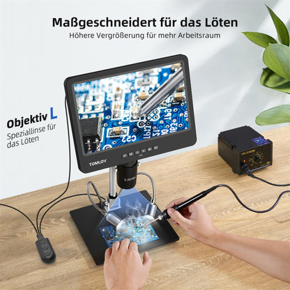 TOMLOV DM601 Triple Lens Digital Microscope, HDMI LCD Microscope with Screen, 7 Inch Soldering Microscope, Coin Loupe with Lights, Microscope with Slides, 10" Stand, 64GB, Windows/Mac Compatible