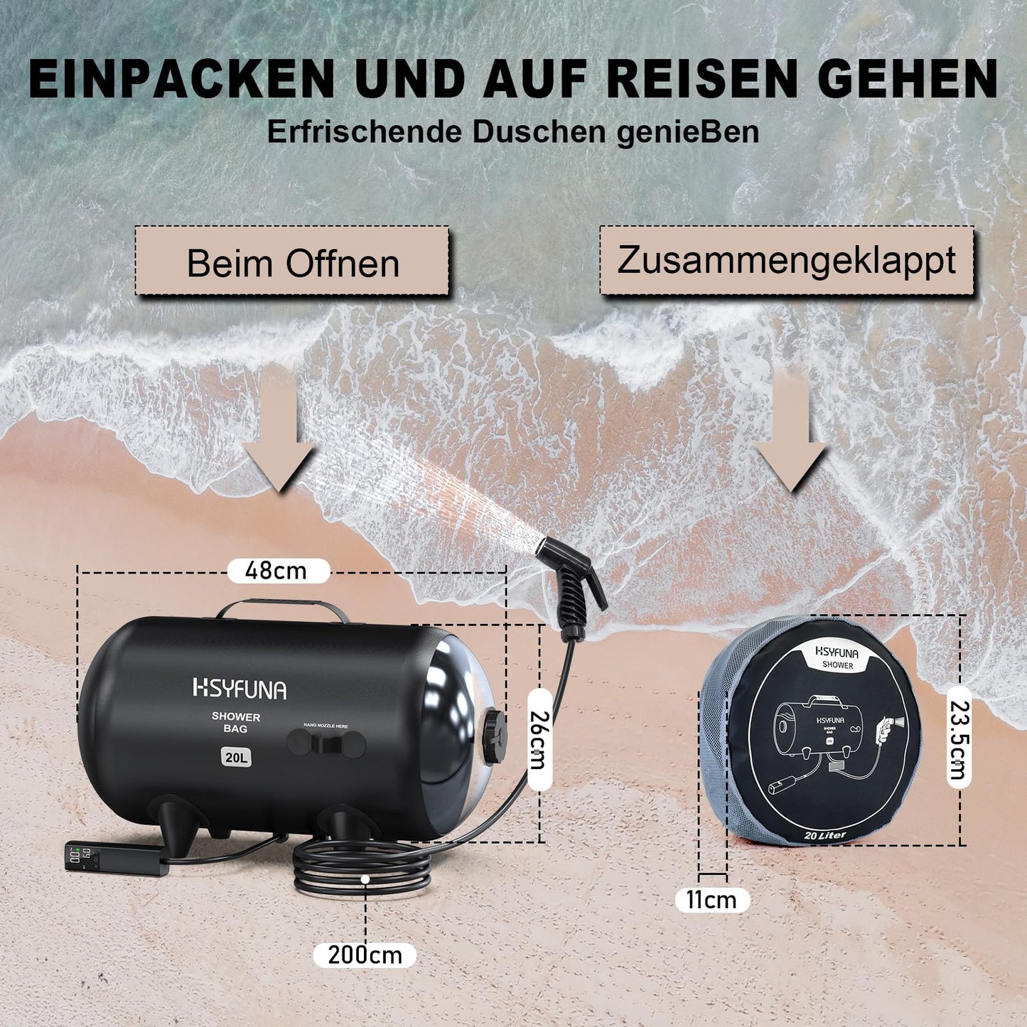 HSYFUNA Camping Shower Outdoor, 20L Camping Shower Bag, high water flow, handheld shower, solar shower, PVC shower bag, portable shower for camping, beach, backpacking.