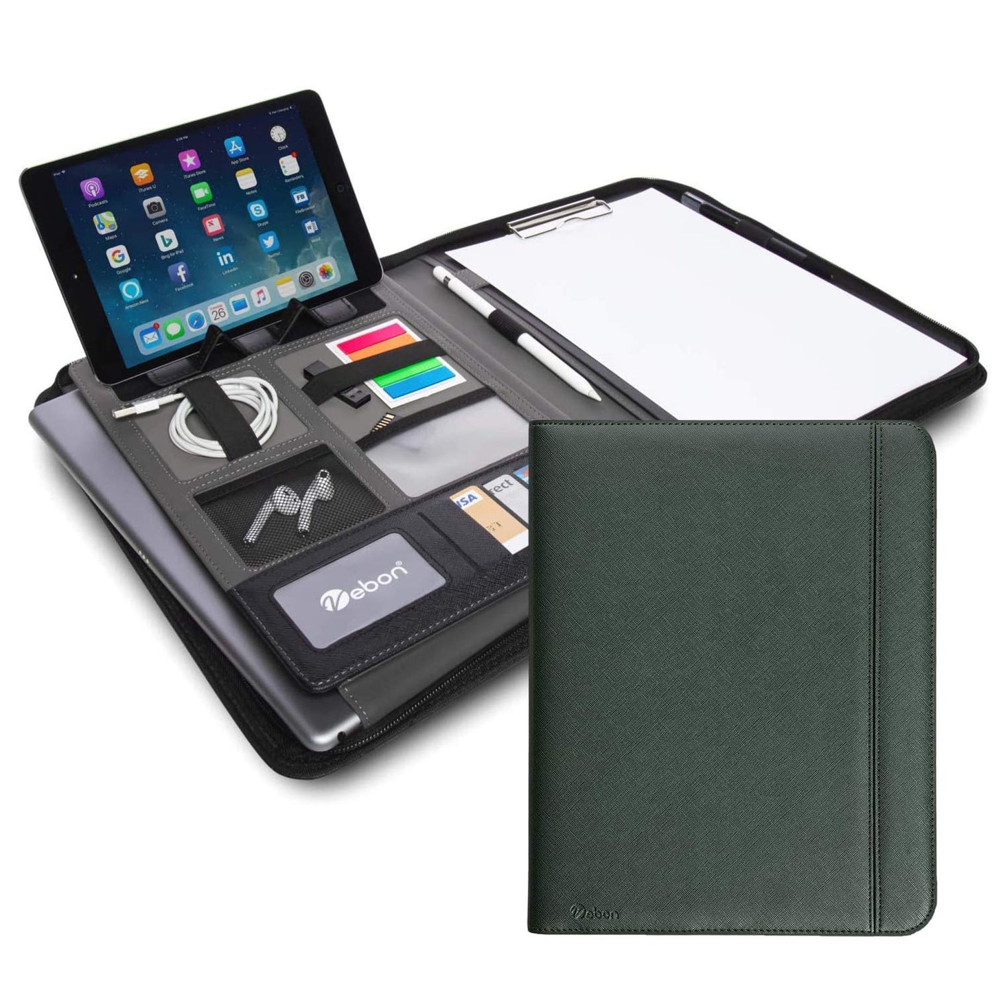 Vebon® A4 London Vegan Leather Conference Folder with Zipper I Portfolio + Laptop Bag I 2in1 I Green I Smartphone Holder + Clipboard
