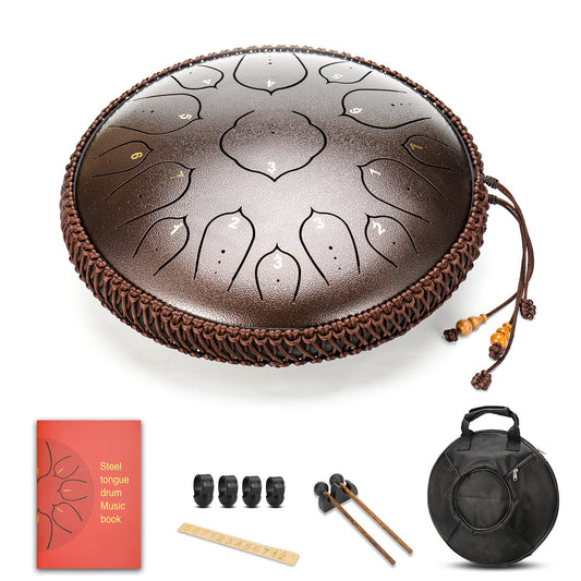 Amkoskr Steel Tongue Drum, 14-inch 35 cm Steel Tongue Drum, D major 15 notes, hand drum HandPan Drum with drumsticks/carrying bag (bronze)