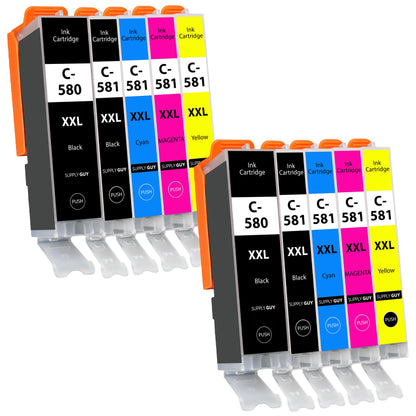 Supply Guy 580XXL 581XXL printer cartridges compatible with Canon PGI-580 CLI-581 for Pixma TS705 TS705a TS6350 TS6350a TS6351a TS6300 TR8550 TS9550 TS6150 TS6250 TR8500 Multipack 10 cartridges 580 581 XXL