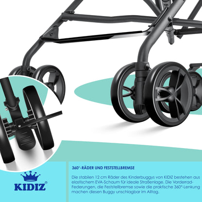 KIDIZ® City Buggy is a foldable sports stroller with 360° swivel 4-inch wheels, sun and rain covers, and a 5-point safety harness. Suitable for kids over 6 months, in mint green.