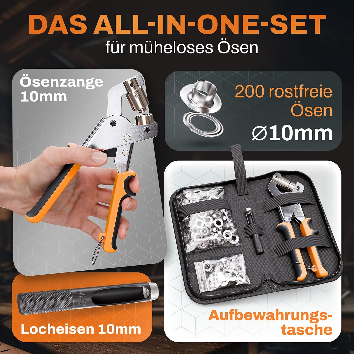 Craftus® Professional Eyelet Tool Set with 200 stainless steel eyelets (Ø 10mm) I Magnetic eyelet press made of hardened steel for fabrics & tarps I Eyelet punch for tarp eyelets & metal eyelets.