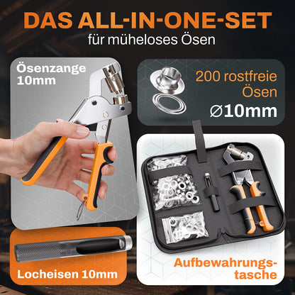 Craftus® Professional Eyelet Tool Set with 200 stainless steel eyelets (Ø 10mm) I Magnetic eyelet press made of hardened steel for fabrics & tarps I Eyelet punch for tarp eyelets & metal eyelets.