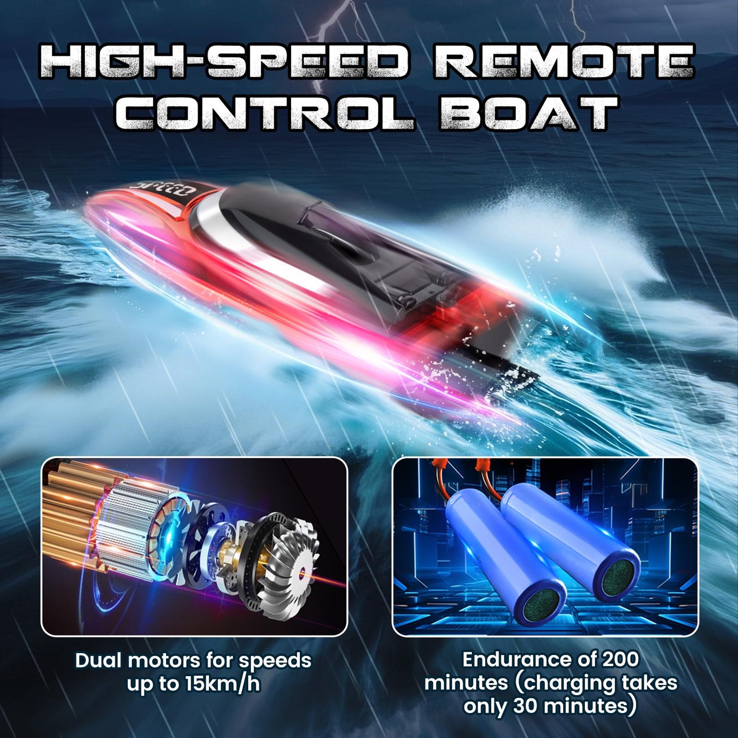 YOOHBERRYS Remote Control Boat 2 Pack, RC Boat with LED Light for Pools and Lakes, 2.4 GHz Remote Controlled Boats RC Racing Boat, Speedboat Pool Toy for Kids and Adults (Blue + Red)